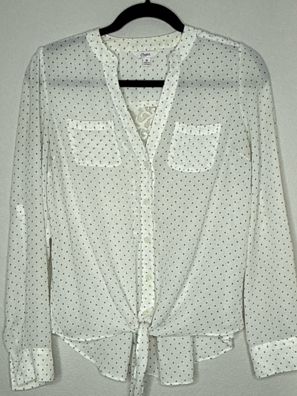 Candie's White Blouse with Black Polka Dots and Tie Front
